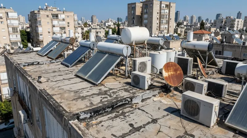 גג בניין מגורים ישראלי עמוס בדודי שמש, מזגנים וצלחות לוויין המעוגנים אל שכבת האיטום